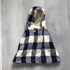 MABO WOOL PONCO CAPE BLUE IVORY CHECK HOODED NO SLEEVES GIRLS 5/6